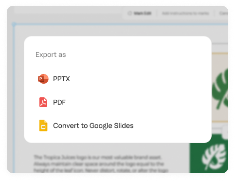Export or present: PDF, PPTX, or a live link