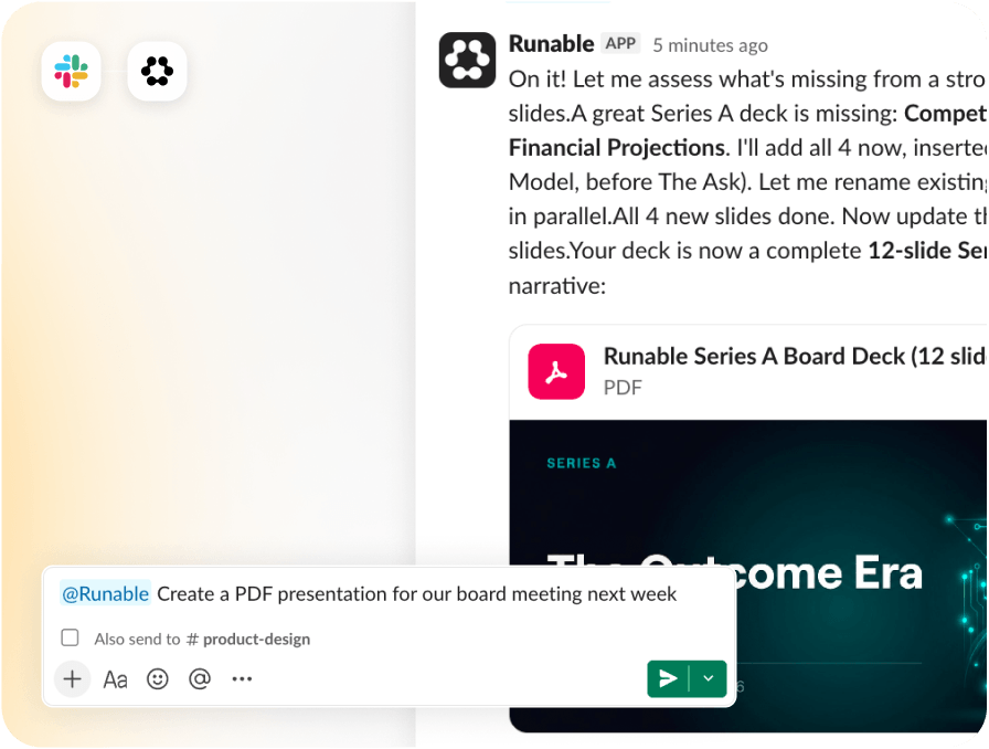 Runclaw creating a board presentation from a Slack message
