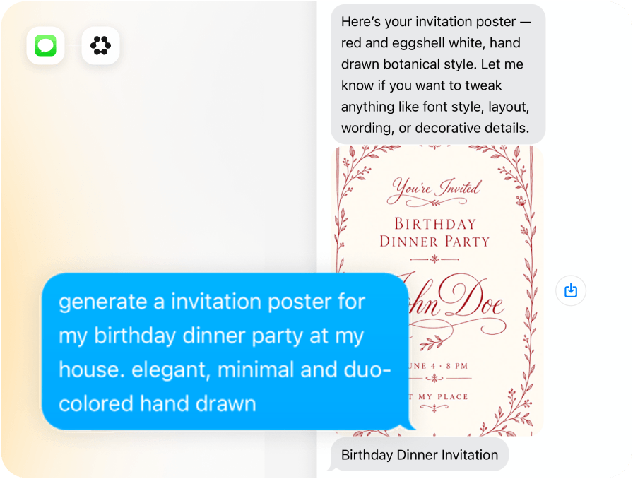 Runclaw creating a birthday dinner invitation from an iMessage request